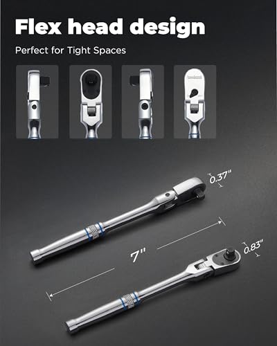 Image of toolant 1 /4 inch Drive Flex Head Ratchet Wrenches, 90 Tooth Compact Flex Head Socket Ratchet Wrench, 7 Inch Length