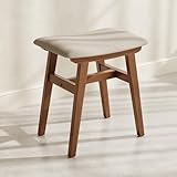 Muwuele Solid Wood Vanity Stool, Compact Makeup Chair with Saddle Cushion, Linen-Covered High Rebound Sponge Seat, Easy Assembly Footstool for Bedroom, Entryway, Home, Walnut