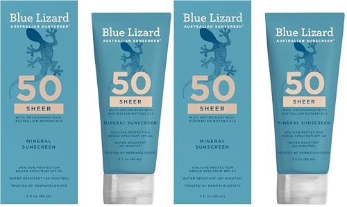 Image of Blue Lizard Sheer Mineral SPF 50 Sunscreen Lotion, Zinc Oxide, 100% Mineral Formula, Nourishes with Australian Desert Lime and Peach, Paraben-Free, Fragrance-Free, 3 fl oz, (Pack of 2)