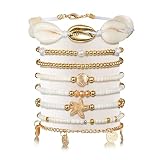 Y1tvei Shell Ankle Bracelet Set - 8Pcs White Gold Beaded Stretch Braceletst for Women, Seashell Starfish Charm Jewelry for Beach, Gold Beads Rice Beads Alloy Accessories Jewelry Gift for Summer