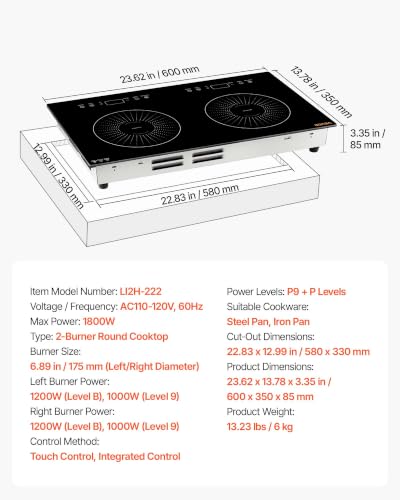 Image of VEVOR Induction Cooktop 24inch 2 Burners Built-in Electric Stove 110V 1800W, Countertop Induction Burner, with 9 Power Levels, LED Touch Screen, Ceramic Glass Surface, Child Lock, for Kitchen, RV