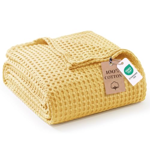 Image of Exclusivo Mezcla Pre-Washed 100% Cotton Waffle Blanket Double Size for Bed, 330GSM Lightweight Breathable Summer Blankets, Soft and Cozy, Home Decor, Light Yellow, 150x200 CM