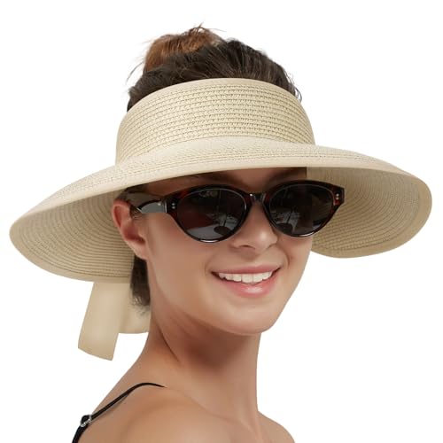 Sun Visor Hats for Women Straw Visor Wide Brim UV