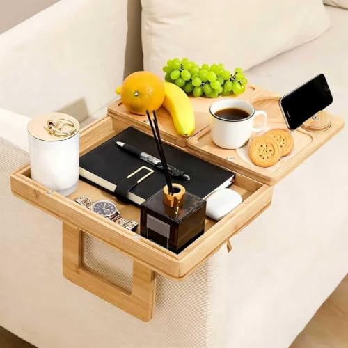 4 in 1 Bamboo Couch Arm Tray with Storage 360 Rotated Sofa Armrest Table