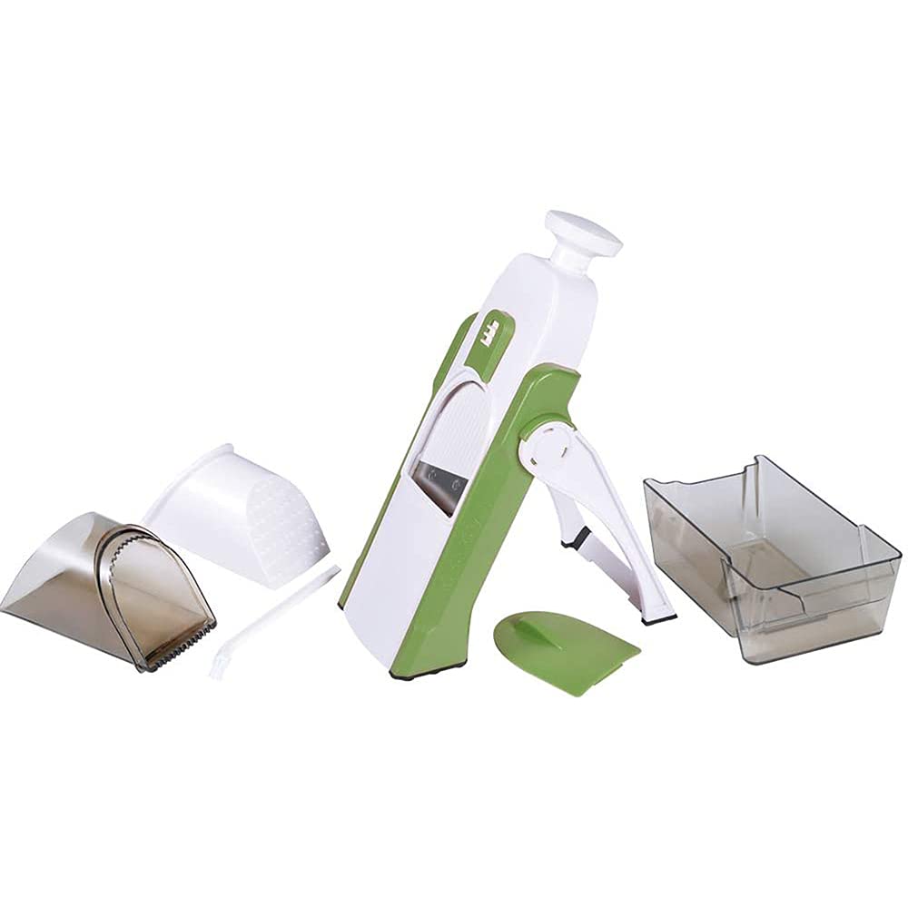 Cortador de mandolina profesional con 4 modos de corte, corte de dados en juliana, seguro y fácil de usar, cortador manual de alimentos para chefs y uso doméstico (verde)