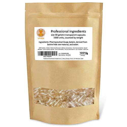 Capsulas vacias gelatina - Tamaño ''00'' - 1000 piezas. Capsulas vacias transparentes empaquetadas en bolsas 100% Biodegradables Cover