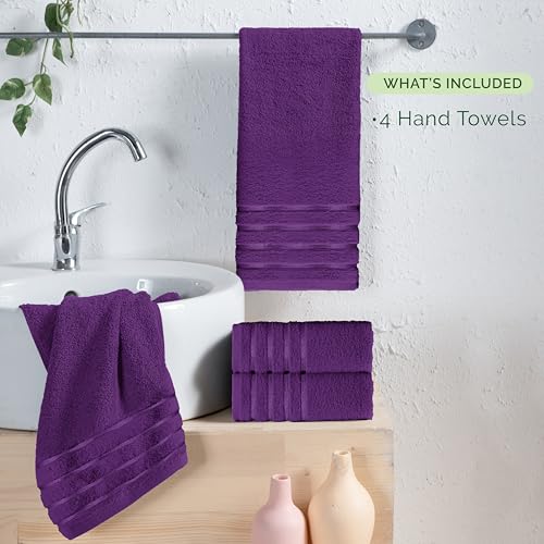 Image of Elegant Comfort 100% Turkish Cotton 4 Lines Viscose Stripe Luxury 4 Pack Hand Towel Set - Ultra Absorbent and Soft 16 x 28 Inch Premium Hotel Spa Quality Towels for Everyday Bath Use, Purple