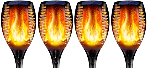 Solar Lights 96 LED Waterproof Flickering Flames Tiki Torch Light - Outdoor Waterproof Landscape Decoration Backyard Pathway Lights - Auto On/Off for Garden, Driveway, Patio, & More 4 Pack