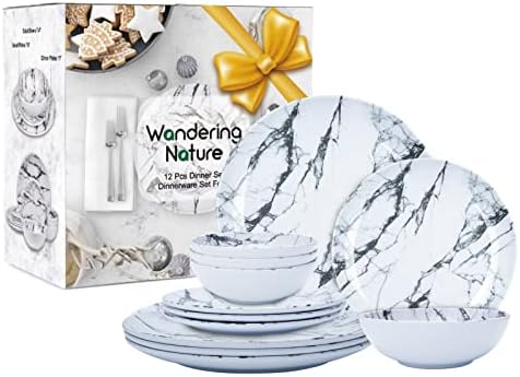Wandering Nature Melamine Dinnerware Set(12Pcs), Service for 4, 4 Dinner Dishes, 4 Salad Plates and 4 Round Bowls Dishwasher Safe BPA Free Indoor Outdoor Use (White Marble)