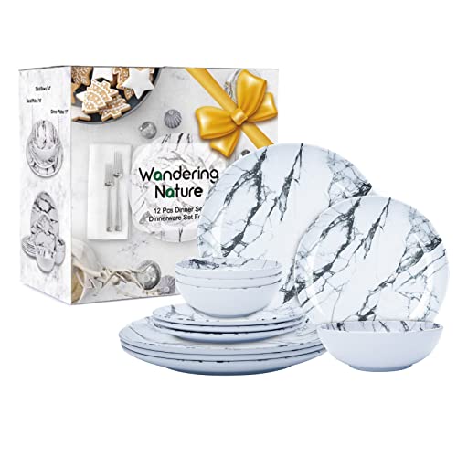 Wandering Nature Melamine Dinnerware Set(12Pcs), Service For 4, 4 Dinner Dishes, 4 Salad Plates And 4 Round Bowls Dishwasher Safe Bpa Free Indoor Outdoor Use (White Marble) #TOP13