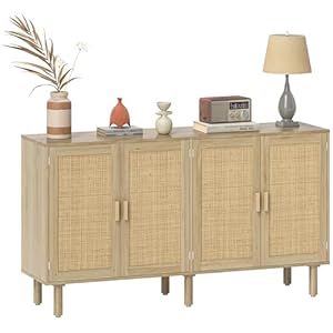 HOMCOM Sideboard Buffet Cabinet, 62″ Boho Buffet Table, Rattan Coffee Bar Cabinet with 4 Doors and Shelves for Kitchen, Living Room, Entryway, Natural
