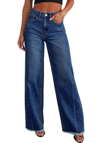 Sidefeel Women's High Waisted Mom Jeans Strechy Raw Hem Straight Leg Denim Pants Size 12 Deep Blue