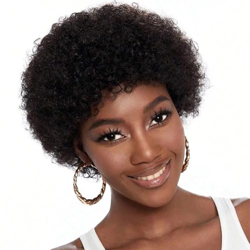 Perruque courte bouclée avec frange coupe Pixie cheveux humains ondulé frisé - 5