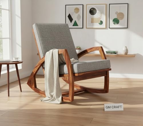 Image of Solid Sheesham Wood Rocking Chair for Living Room - Upholstered Relaxing Chair - Wooden Rocking Chair for Adults for Home Outdoor Indoor (Honey, Kyrie)
