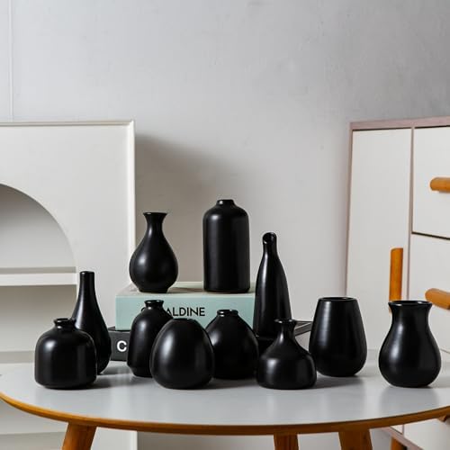 Black Ceramic Bud Vase Set of 11, Small Vases for Pampas Grass, Flowers, Mini Vases for Modern Home Decor, Minimalist Decor, for Living Room, Dining Table & Shelves