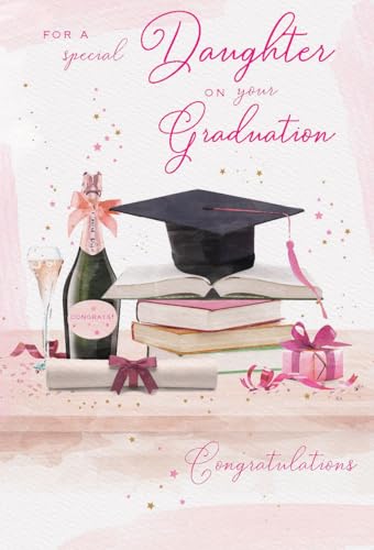 International Cards & Gifts Glückwunschkarte zum Schulabschluss, Aufschrift "Special Daughter", Mortarboard-Hut, Bücher und Flasche mit sprudelnden Geprägten Foliendetails