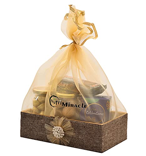 Image of NUTRI MIRACLE Diwali Dry Fruits Chocolate Nuts Hamper with Diya | Parents Office Festival Gift