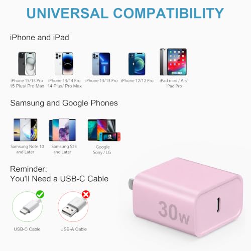 Image of iPhone 17 16 15 Charger Fast Charging 30W USB C Chargers Block Type C Charger 2 Pack 6FT Cord for iPhone 17 /17 Plus /17 Pro Max /Air /16 /16 Plus /16 Pro Max /15 Pro Max /iPad Pro /Samsung(Pink
