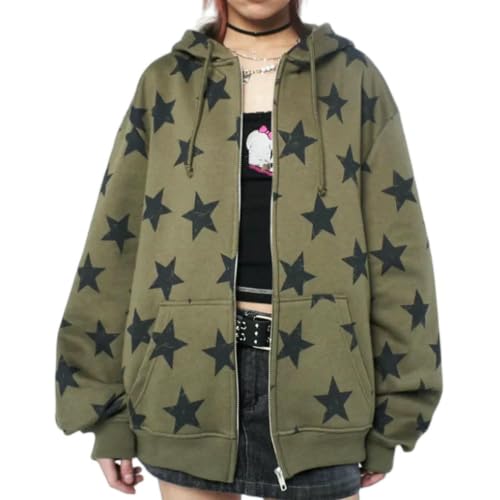 Sweat-shirt à capuche pour femme zippé à manches longues au style rétro rétro et motif étoiles