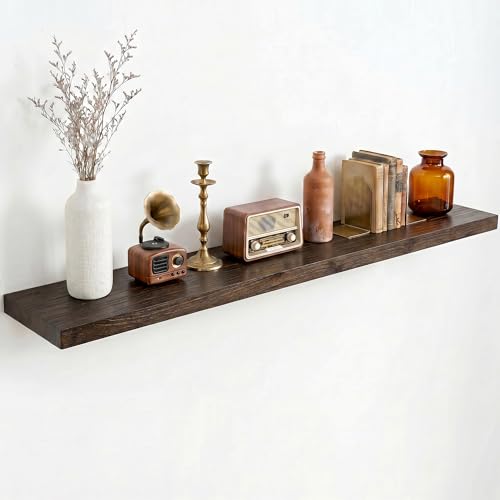 Image of Dreamland Rustic Elm Wood Floating Shelves for Wall Decor, 48 Inch Long Wooden Floating Shelves Wall Mounted, 8 Inch Deep Wall Shelf for Bathroom, Living Room, Kitchen, Bathroom, Walnut