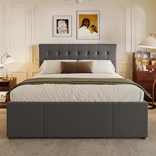 Kinderbett Polsterbett 140x200, Doppelbett Tagesbett mit Ausziehbett und 3 Stauraum Schublade,Schlafsofa Gästebett Sofabett Jugendbett mit Lattenrost,Verstellbares Kopfteil,Leinen,Grau,Ohne Matratze – Bild 4