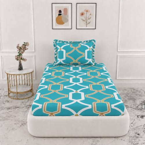 Image of VOMZER Single (36x72) 300 TC Soft Cotton Feel Microfiber All Around Elastic Fitted Single Bedsheet with 1 Frill Pillow Covers | Aqua White