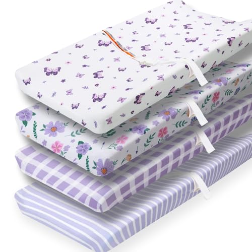 Image of 4 Pack Butterfly Baby Crib Sheets for Baby Girls Purple Crib Fitted Sheets for Standard Size Crib and Toddler Mattress Soft and Breathable (Changing Pad)