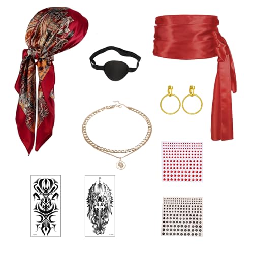 RAOPNHS Piratenkostüm Damen Set 10 Stück Pirate Accessories mit Kopftuch Schärpe und Schmuck Karneval Kostüm Damen Piratin für Fasching Halloween Mottoparty