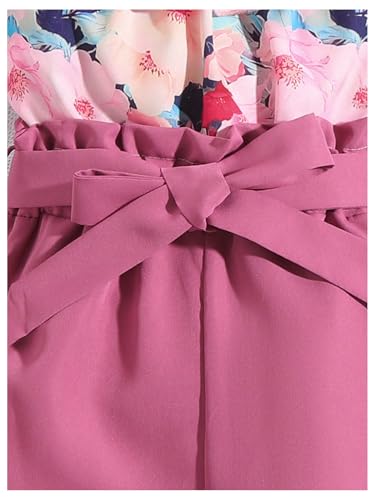 Image of OYOANGLE Girl's 2 Piece Outfits Boho Floral Print Ruffle Tank Top and Bow Belted Shorts Clothing Set