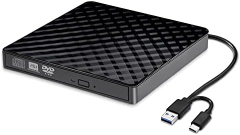 External CD DVD Drive, USB 3.0 and Type-C Portable CD DVD +/-Rw Drive Reader, DVD/CD ROM Burner Rewriter, Slim Optical DVD Drive for Laptop, Desktop, Mac, Macbook, OS/ Windows/ Linux