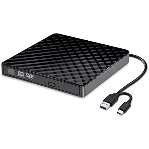 External CD DVD Drive, USB 3.0 and Type-C Portable CD DVD +/-Rw Drive Reader, DVD/CD ROM Burner Rewriter, Slim Optical DVD Drive for Laptop, Desktop, Mac, Macbook, OS/ Windows/ Linux Cover