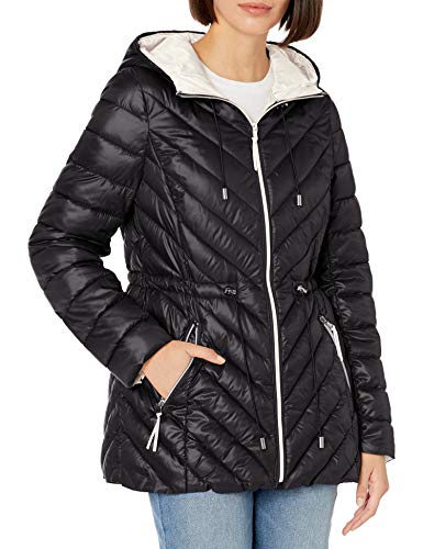 French Connection Women's Light Weight Chevron Quilted Anorak Packable, Black, Large