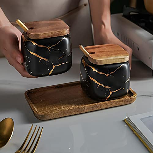 Sets Of 2 Marble Ceramic Seasoning Jars Ceramic Sugar Salt Bowl Condiment Pots With Wooden Lids,Wooden Spoon And Wooden Tray (Black) #TOP7