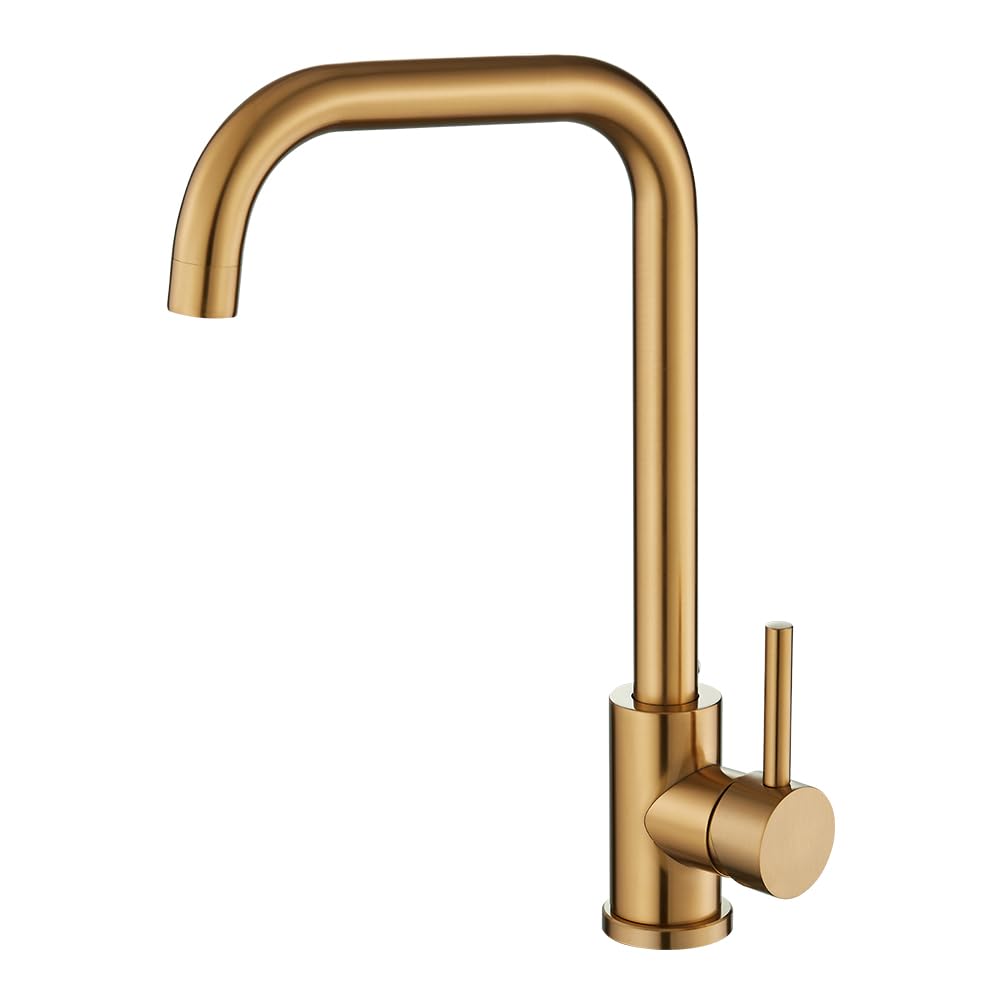 VALAZ Grifos Cocina Fregadero Dorado Cepillado Alta Presión Caño en C | Grifo Monomando, Ahorro de Agua | Instalación Fácil y Rápida | Latón, Elegante, Acero Inoxidable, Serie Zancara