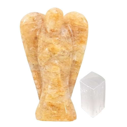 EDZZEL Yellow Citrine Crystal Pocket Guardian Angel Figurine Hand Carved Gemstone Statue - 2 inche With Selenite Cube (1Pcs)