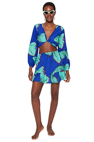 Trendyol Damen Zweiteiliges Set mit Tierdruck Hemd, Blau/Mehrfarbig, 60
