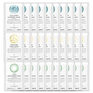 Hydrating Soothing Sheet Masks Gift Set for Skincare, Korean Vegan Sheet Mask for Dry, Sensitive Skin, Calming, Smoothing, Brightening, Collagen, Ceramide, Cica, Hyaluronic Acid 30EA