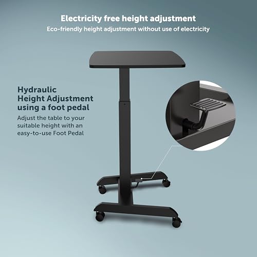 Image of JIN OFFICE Ergonomic Height Adjustable Laptop Desk| 1 Year Warranty| Sit Stand Table with Lockable Wheels| Standing Desk for Home Office| Thick Column and Wide Steel Base| Spacious MDF top| Black
