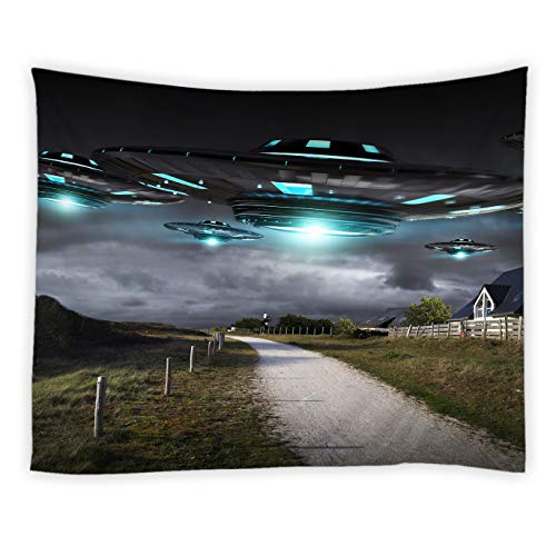 BCNEW UFO Tapestry Alien Science Fiction Backdrop UFO Landed in The Town at Night Children Birthday Wall Hanging Tapestries Polyester Fabric Wall Decor for Bedroom Dorm College Living Room 60x51 Inch