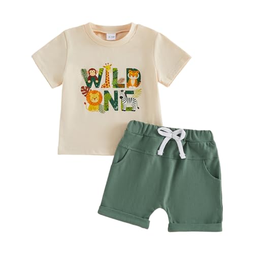 FYBITBO First Birthday Baby Boy Outfit Wild One Safari Animal Tshirt Solid Shorts Summer Outfit 1st Birthday Boys Clothes (Wild One-Green 12-18 Months)