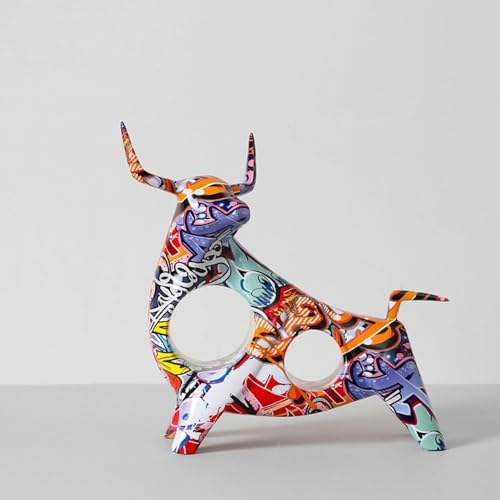 Monozoz Figurine de taureau coloré, graffiti, statue de taureau multicolore en résine - Statue animale, décoration de bureau pour salon, chambre à coucher,...