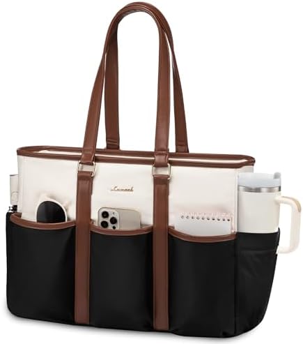 LOVEVOOK vintage laptop tote bag for women, Black-beige-brown, 15.6 Inch, Fashion