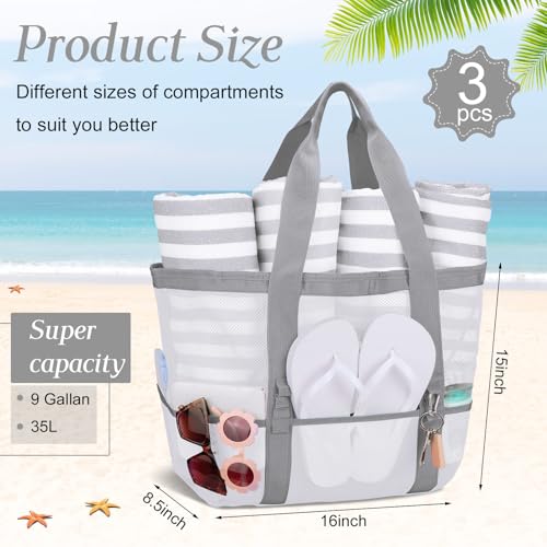 Image of Hillban Large Beach Mesh Bags Bulk for Women Beach Tote Bag with 8 Pocket Zipper Waterproof Sandproof for Pool Cruise Ship