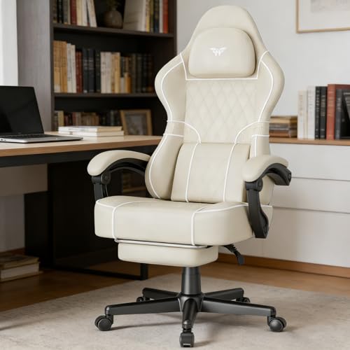Soontrans Gaming Stuhl mit Massage Lendenwirbelstütze, Gepolstert Gaming Chair, Gaming Stuhl Ergonomisch mit Fußstütze, Kunstleder, 90-160° Rückenlehne verstellbar Gaming Sessel, 136kg（cremefarben）