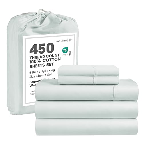 Image of LANE LINEN 100% Cotton 450 Thread Count Split King Sheet Set for Adjustable Beds, Sateen Weave Hotel Quality, Fully Elasticized Oeko Tex Certified Sustainably Produced Machine Washable - Charcoal