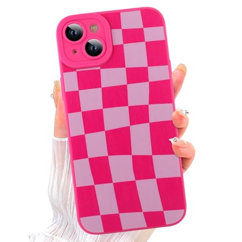Image of ZIYE for iPhone 14 Plus Case Hot Pink Grids Plaid Checkerboard Pattern