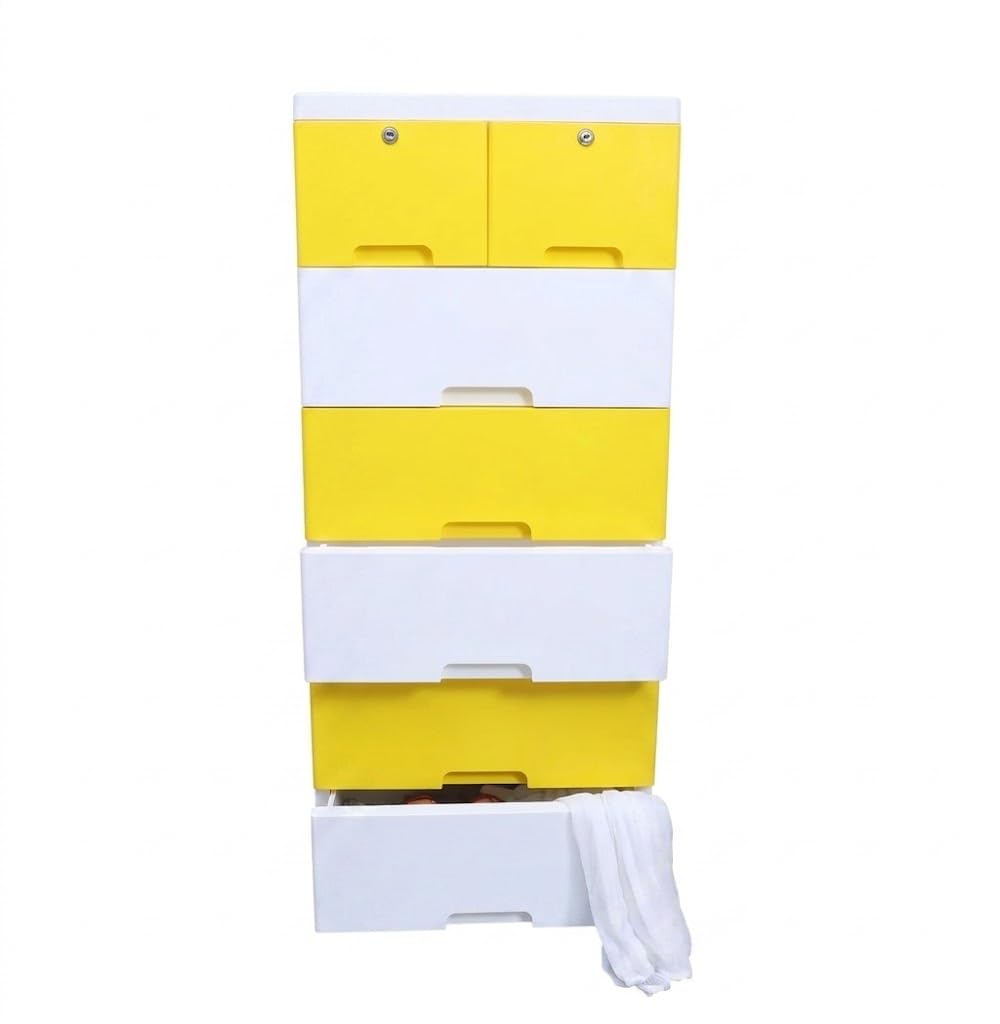 The Tickle Toe 7-Drawer Plastic Chest for Kids | Yellow White Storage Organizer with Locks | Portable Dresser Cabinet for Clothes & Toys | 44L x 28.5W x 98H cm