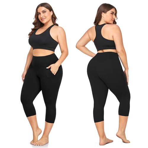 3 Pack Plus Size Capri Leggings with Pockets for Women -High Waist Stretchy 1X-4X Workout Yoga Pants(3XL,BLK)