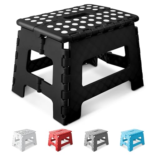 KEPLIN 9 Inch Heavy Duty Folding Step Stool | Non-Slip Foldable Footstool for Toddlers, Children & Adults | Portable, Lightweight Plastic Footstep w/Carrying Handle for Indoor or Outdoor (Black)