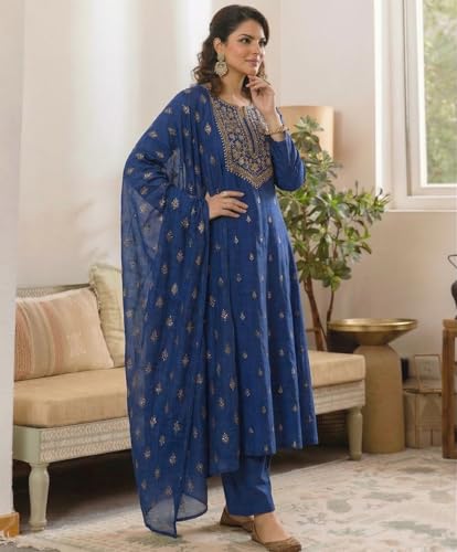 Image of ANNI Designer Women's Viscose Straight Printed Embroidery Kurta with Pant & Dupatta | Long Sleeve Ethnic Kurta Set for Women | Casual Office, Daily, Party Outfits